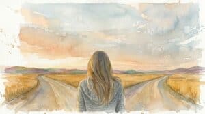 Ilustração em aquarela de mulher de costas observando dois caminhos que se dividem em um campo